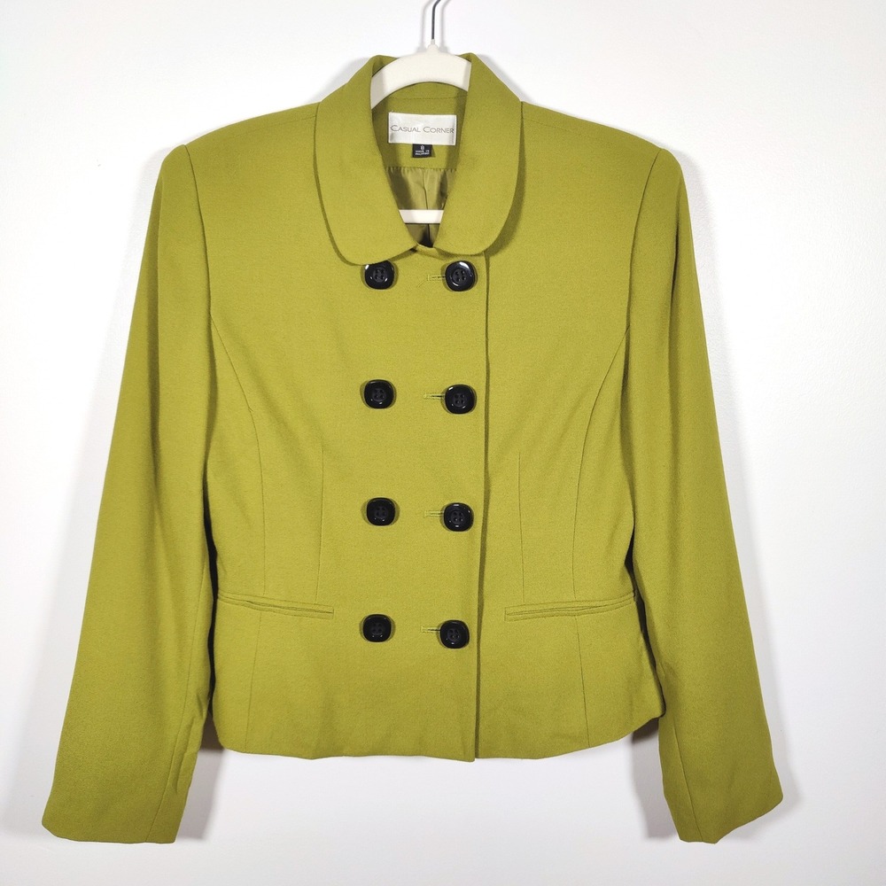 Casual Corner Chartreuse Green Double Breasted Blazer Jacket Size 8 Mod Retro